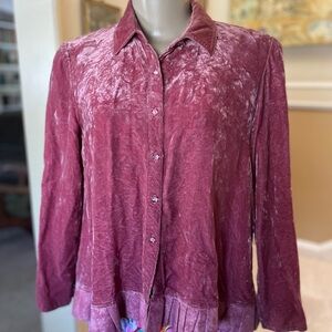 J. Jill Pink Crushed Velvet Shirt Jacket Buttons Ruffle Swing Style XS / Sm